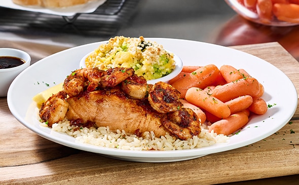 BOURBON-GLAZED SALMON & SHRIMP | Cheddar's Scratch Kitchen