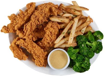 Delicious plate of Cheddar's chicken tenders, fries, and broccoli, with a side of sauce.
