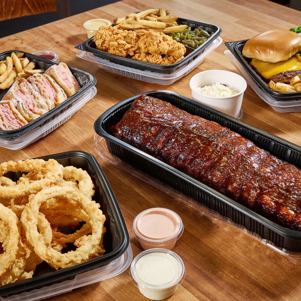 Cheddar's Baby-back Ribs, Onion Rings, Monte Cristo, Hamburger, and more.