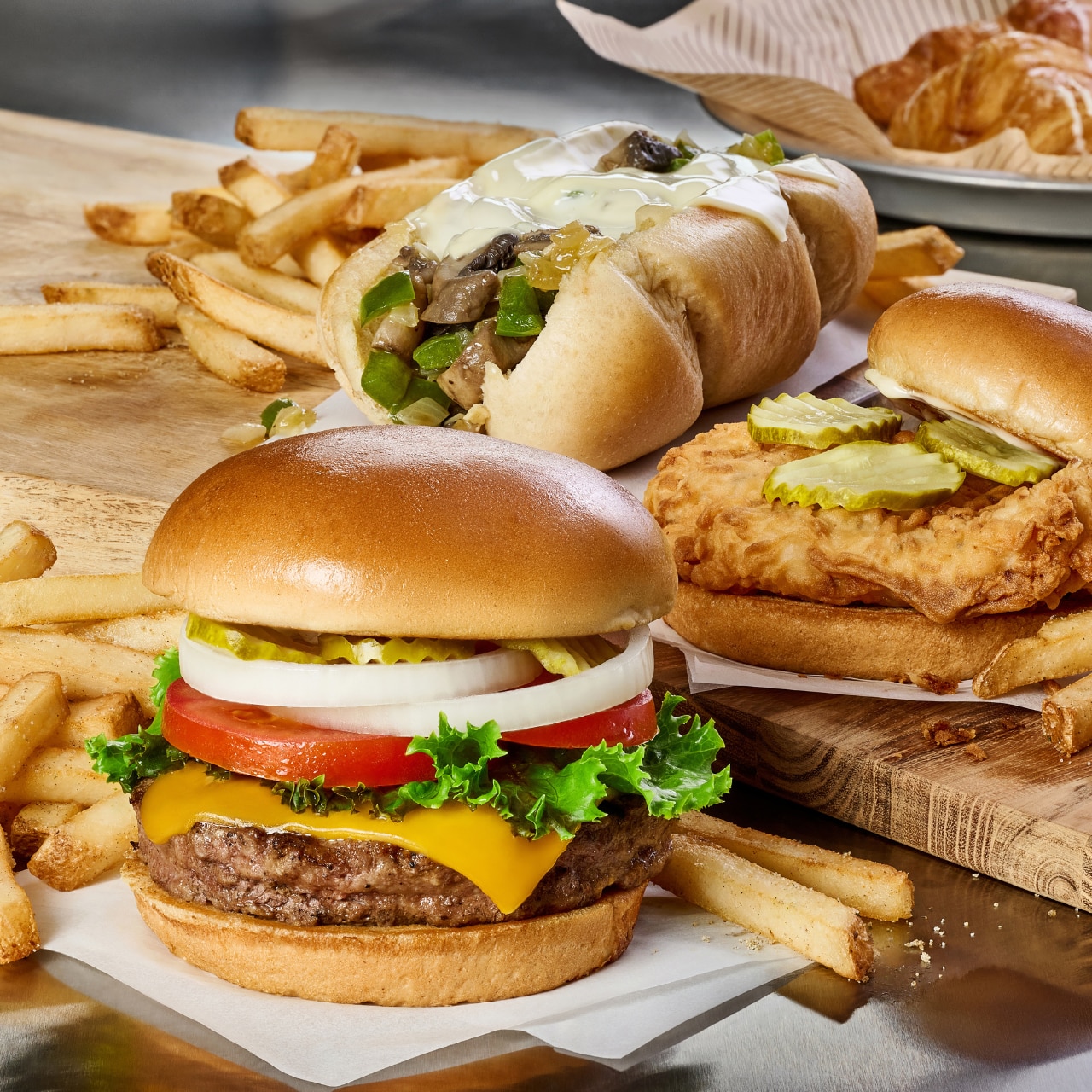 Cheddar's Hamburger and Crispy Chicken Sandwich