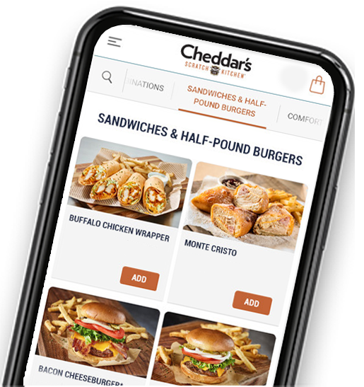 Mobile phone screen showing the Cheddar's menu using the Cheddar's app.