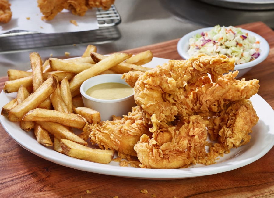 Cheddar’s Classic Hand-Breaded Tenders, cooked to crunchy perfection and served with fries, dipping sauce, and a homestyle side for $12.99​