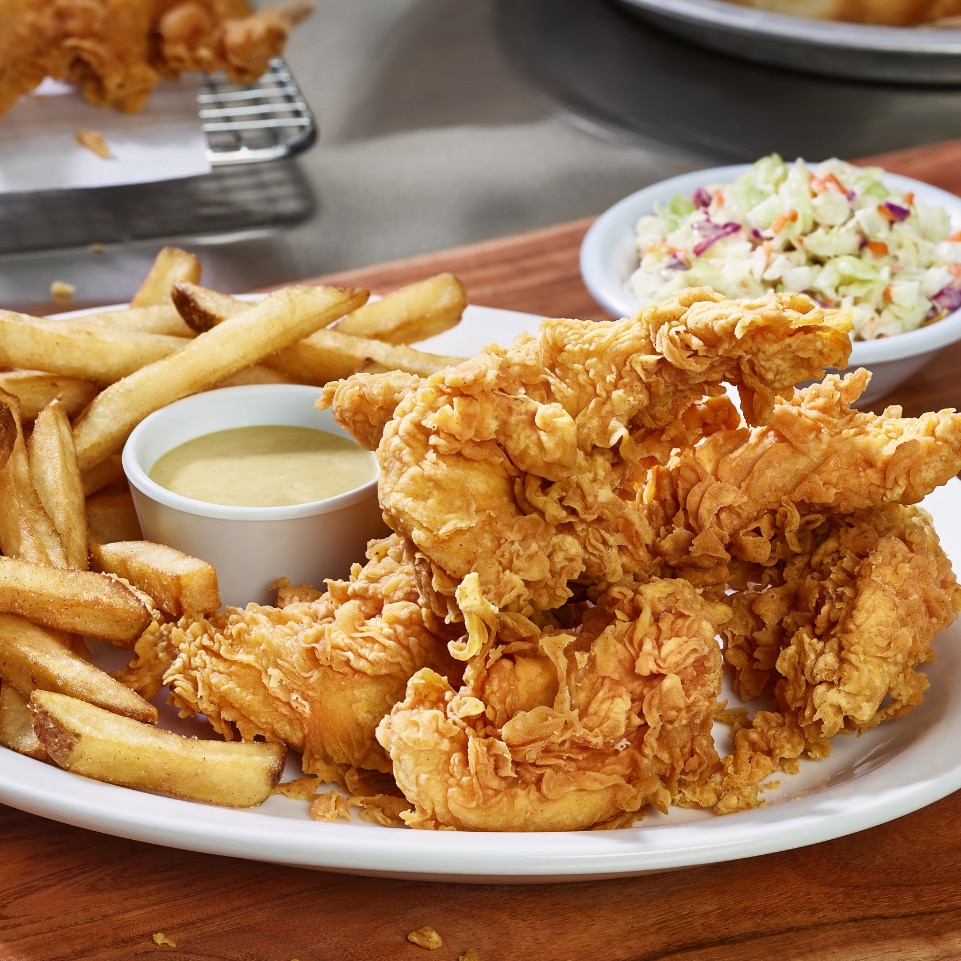 Cheddar’s Classic Hand-Breaded Tenders, cooked to crunchy perfection and served with fries, dipping sauce, and a homestyle side for $12.99
