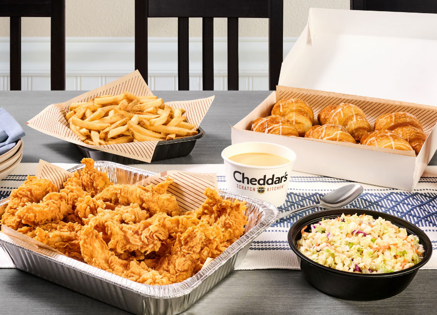 Enjoy the $24.99 Tender Bundle for a limited time, featuring Cheddar's Hand-Breaded Tenders, Scratch-Made Sides, and Honey Butter Croissants. Valid for To Go or delivery orders only.​
