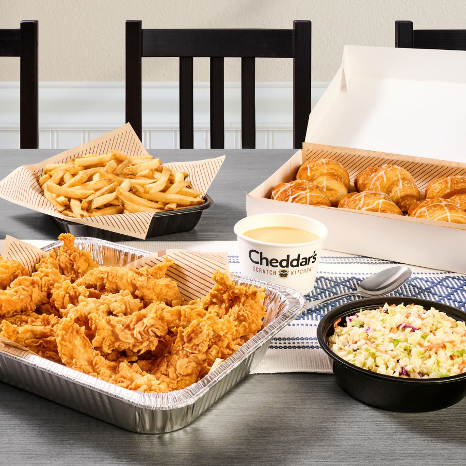 Enjoy the $24.99 Tender Bundle for a limited time, featuring Cheddar's Hand-Breaded Tenders, Scratch-Made Sides, and Honey Butter Croissants. Valid for To Go or delivery orders only.